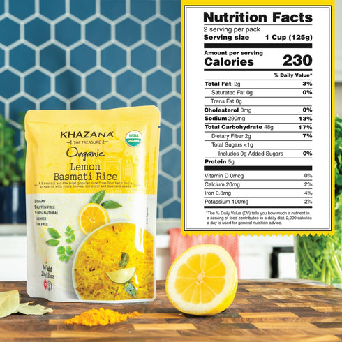 (Pack 6, 8.8oz) 90 Khazana Authentic Lemon Ready To Heat Basmati Rice of | Non-GMO, Vegan, Gluten Free & Kosher |
