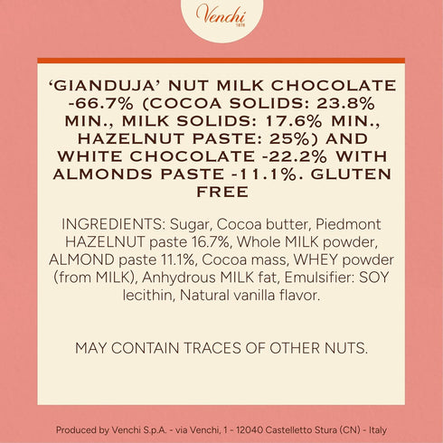 1878 3.88oz Venchi - Cremino Chocolate Bar with Almond Gianduja and Hazelnuts, - Gluten Free