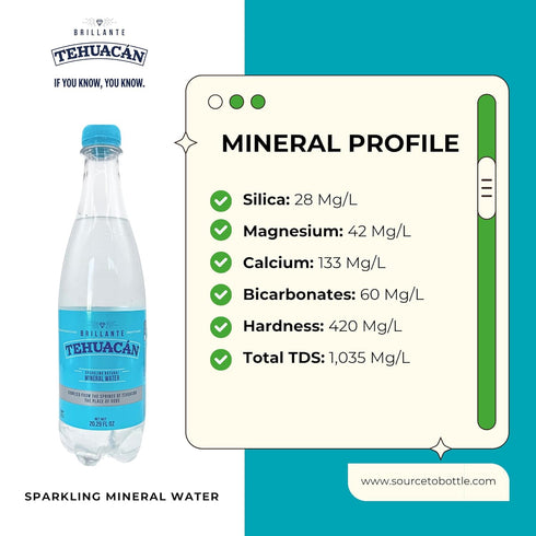 TEHUACN BRILLANTE 600 ML, 24 Pack, Sparkling Mineral Water, Mexico