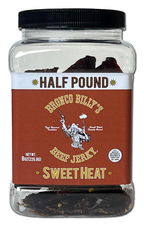 8oz Bronco Billy's Beef Jerky Sweet Heat Half Pound Jar - - New Jar Design