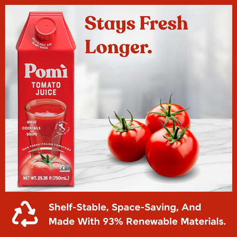 25.36 oz (Pack 6) 100% Pom Tomato Juice fl of - Made from Fresh Italian Pomi Tomatoes - Low Sodium Tomato Juice