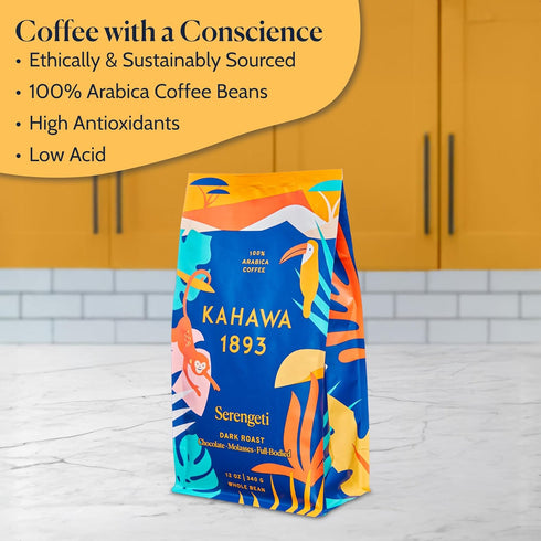 1893 24 Oz Kahawa Whole Bean Coffee Dark Roast Serengeti Blend - As Seen on Shark Tank, Low Acid, High Antioxidants