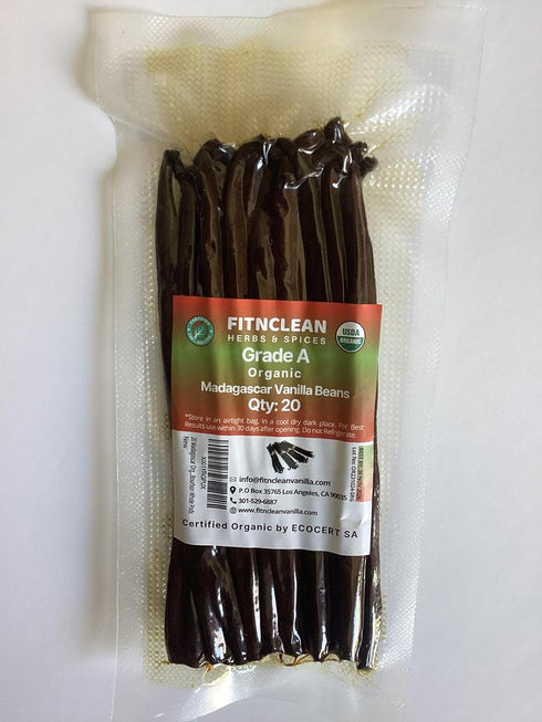 20 ~6" Madagascar Organic Vanilla Beans Grade A. Certified USDA Organic. by FITNCLEAN VANILLA for Baking, Extract