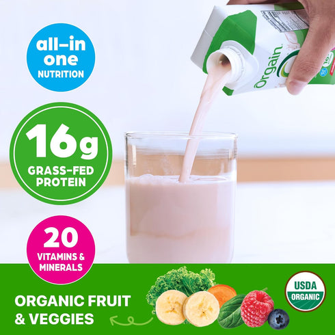 16g 20 11 Oz (12 Pack) Orgain Organic Nutritional Protein Shake, Strawberries & Cream - Grass Fed Whey Protein, Meal