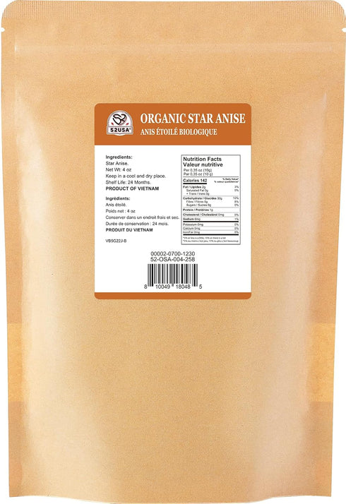 52USA Organic Star Anise, 4 Ounce (Pack of 1), Whole Dried NON-GMO Chinese Star Anise Pods for Tea and Baking