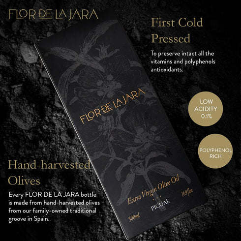 (0,1%), 16.9 oz (500ml) FLOR DE LA JARA Premium Extra Virgin Olive Oil from Spain, First Cold Pressed, Polyphenol-Rich