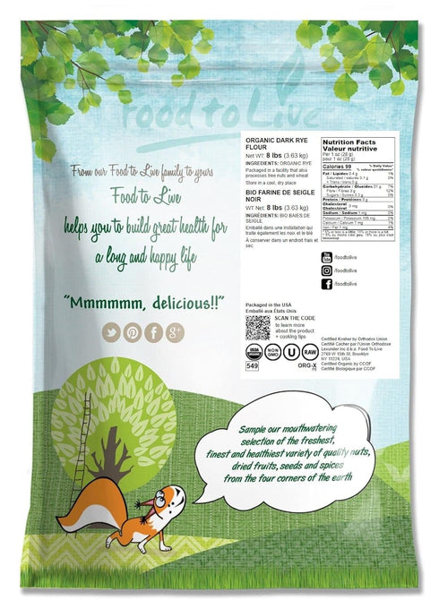 8 Food to Live Organic Dark Rye Flour, Pounds Whole Grain, Non-GMO, Stone Ground, Kosher, Raw, Vegan, Bulk, Great