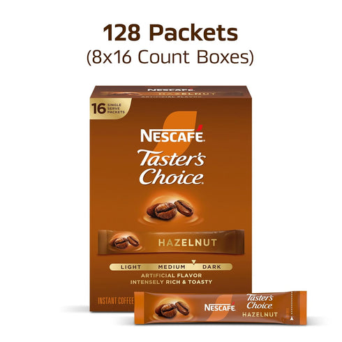Packets, 8 (128 Packets) NESCAF Taster's Choice, Instant Coffee Hazelnut Flavored Coffee, Boxes
