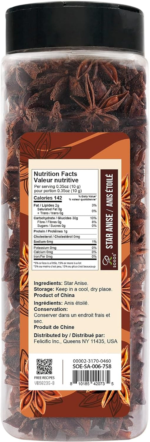 6oz (170g), Soeos Star Anise Seeds Non-GMO Verified, Great for Baking and Tea, Anis Estrella, Whole Chinese Star Anise