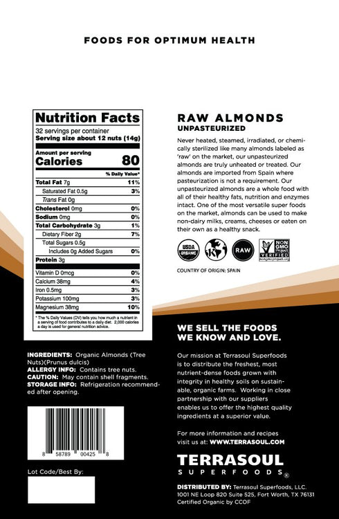 1 Terrasoul Superfoods Raw Unpasteurized Organic Almonds (Sproutable), Pound