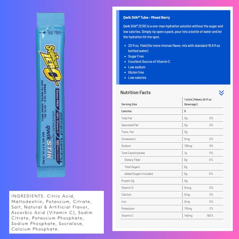 Sqwincher ZERO Qwik Stik, Sugar Free Electrolyte Powdered Beverage Mix, Assorted Flavors, 40 Sticks