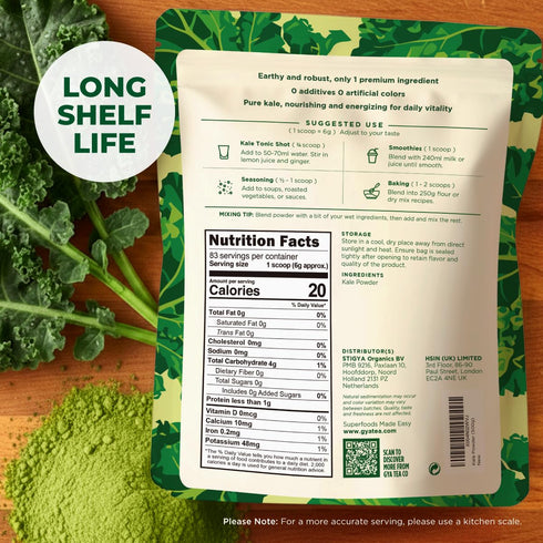 1.1 lb (17.64 oz) 83 Gya Tea Co Kale Powder Servings, Dried Whole Leaf Kale Powder, Greens Superfood for Smoothies