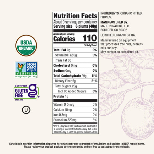 13 (Pack 1) Made In Nature Organic Dried Plums, Ounce of Vegan Snack, Non-GMO, Unsulfured, Gluten Free, Kosher