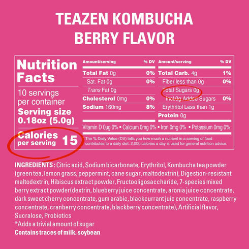 TEAZEN Berry Kombucha Tea, Hydration Drink Mix with Live Probiotics & Prebiotics, Sugar Free, 10 Sticks