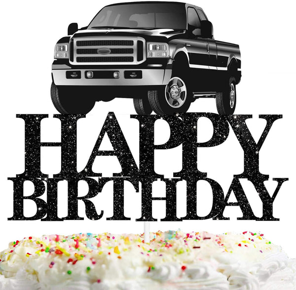 Pickup Truck Cake Topper, Happy Birthday Theme Black Glitter Decor Picks for Kids Adult Birthday Party