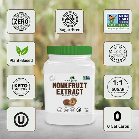 100% 450 5 oz Morning Pep Pure Monk Fruit extract sweetener, No Erythritol, Monkfruit Extract Powder, NON-GMO Project