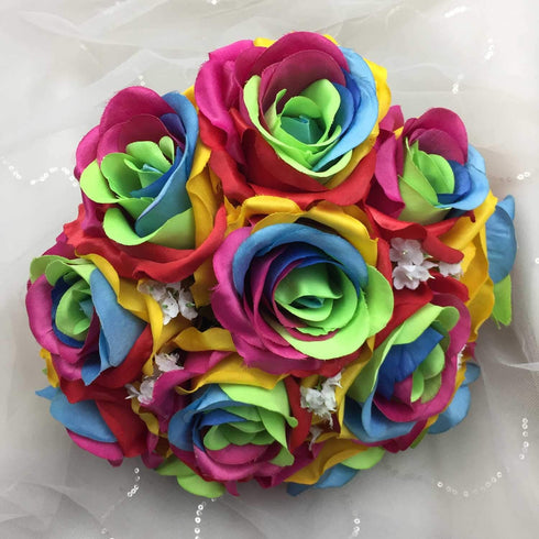 Silk Rainbow Rose Wedding Bouquet Boutonniere (A)