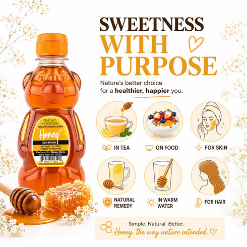 12 Oz Nature's Goodness Teddy Bear Honey Squeeze Bottle, Pure Real Golden Wildflower Honey for Tea, Baking & Cooking