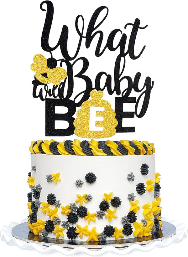 What Will Baby Bee Gender Reveal Cake Topper - Gold Glitter Bumble Honey Bee Honeycomb Cake Décor for Baby Shower