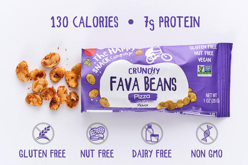 Pack 24 1 oz 130 The Happy Snack Company Fava Beans Variety x (Smoky BBQ Flavor and Pizza Flavor). High Fiber Vegan