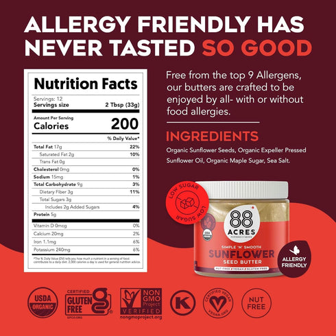 88 14 oz 2 Pack, 5g Acres Organic Sunflower Seed Butter, Jar, Butter Spread with Plant-Based Protein, Gluten Free, Nut