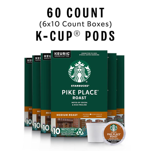 60 Starbucks K-Cup Coffee Pods, Medium Roast Hot or Iced Coffee, Pike Place Roast, Keurig Pods