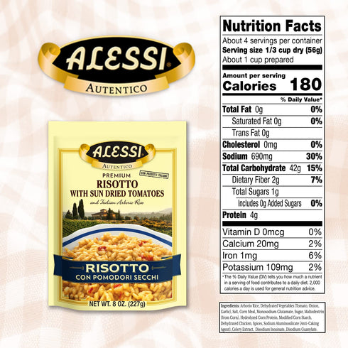 8oz Pack 6) Alessi Autentico, Premium Seasoned Risotto, Italian Arborio Rice, Easy to Prepare, (Sun Dried Tomato