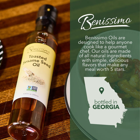 100% 8.45 oz Benissimo Toasted Sesame Oil in Glass Bottle, Non-GMO Premium Cooking Oil with Rich, Nutty Flavor, Perfect