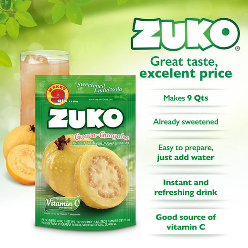 Pack 14.1 (Pack 6) Zuko Guava Instant Powder Drink | Family | No Sugar Needed | Vitamin C | Ounce