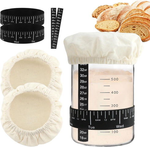 Olnverath 9pcs Sourdough Starter Set,3 Bread Fermentation Cover,3 Thermometer,3 Feeding Date Band,Sourdough Bread