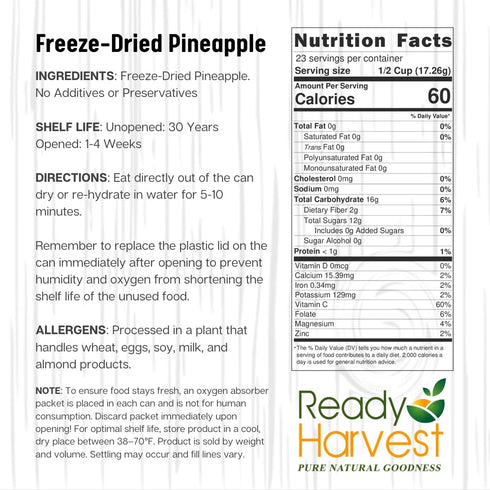 #10 30-Year Ready Harvest Freeze Dried Food - Pineapple Chunks | Emergency Storage | Whole Food | Can | Shelf Life |