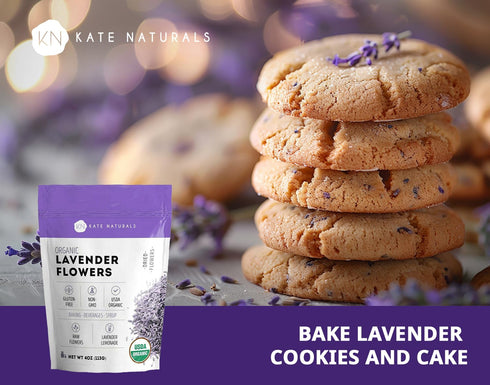 Kate Naturals Dried Lavender Flowers for Tea, Syrup, Lemonade, Soap Making - Edible Culinary Grade Buds (4oz, Organic,