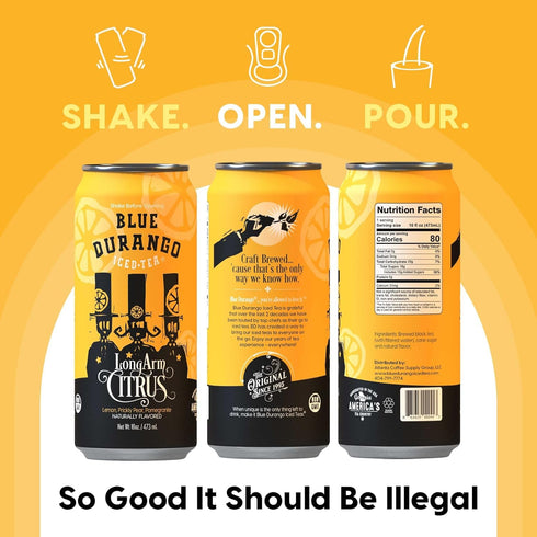 16 oz (12 Pack) Blue Durango Iced Tea - Long Arm Citrus - Black Tea, Lemon, Prickly Pear, Pomegranate - Low Sugar