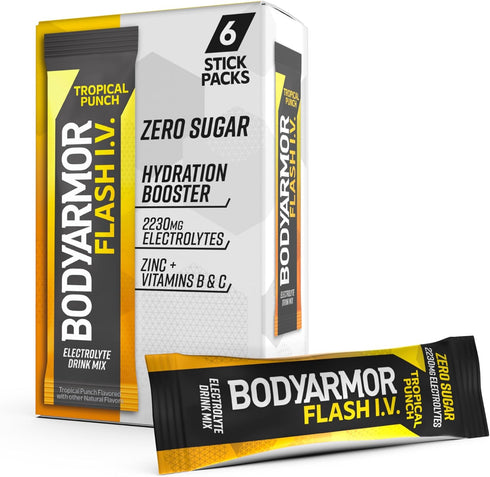 BODYARMOR Flash IV Electrolyte Packets, Tropical Punch - Zero Sugar Drink Mix,