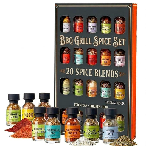 BBQ Grill Spice Set 20 Pack Glass Bottles Gourmet Seasoning Variety Rubs