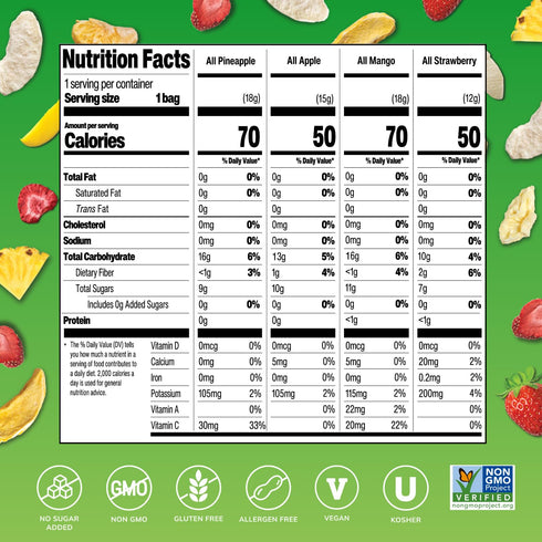 Pack, Pack 16, 100% Crispy Green Freeze-Dried Fruit Snacks Favorite Flavors Variety of Pure Fruit, All-Natural, No