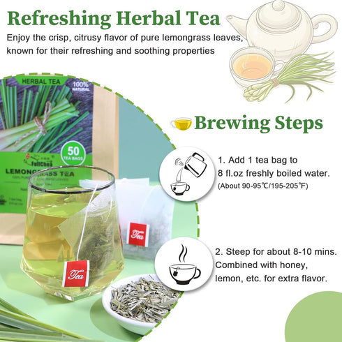 50 Fullchea - Lemongrass Tea Bags, Teabags - Refreshing Herbal Tea Made from Pure Lemongrass Leaves - Non-GMO