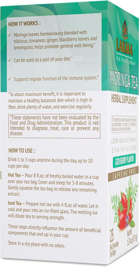 Lakma Moringa Oleifera Tea with Goji Berry, 25 Tea Bags