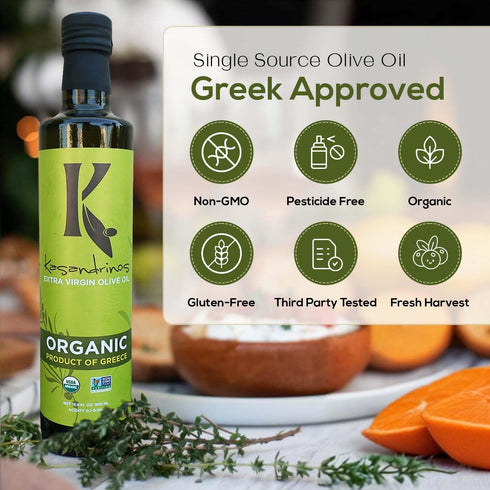 100% 500 ml 16.9 oz Kasandrinos Organic Olive Oil Extra Virgin, Polyphenol Rich Greek Olive Oil, Organic First Cold