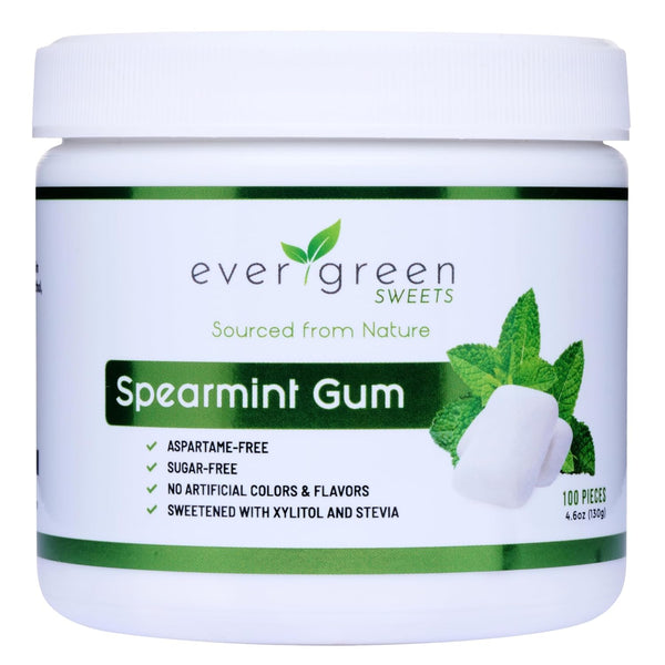 Evergreen Sweets Chewing Gum, 100 Pieces Jar, Natural Spearmint Gum, Sugar-Free, Aspartame Free, Vegan