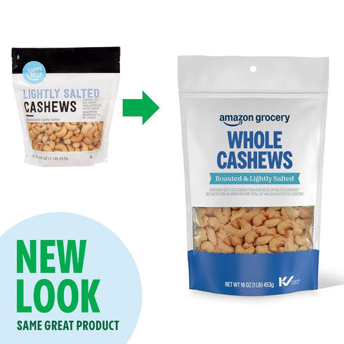 16 Oz Packaging Amazon Grocery, Whole Cashews, Roasted & Lightly Salted, (Previously Happy Belly, May Vary)
