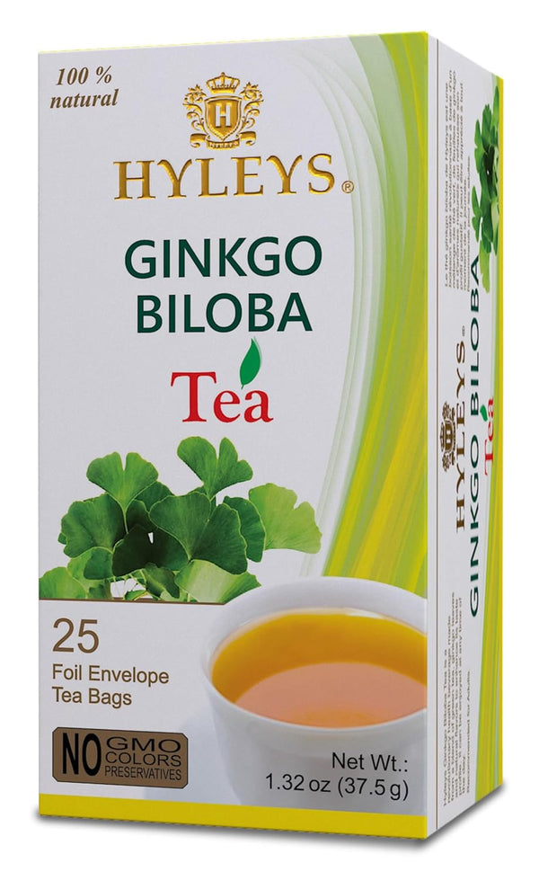 Hyleys Ginkgo Biloba Green Tea, Brain Support Blend with Citrus, 100% Natural, 25 Tea Bags