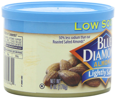 6 Oz (Pack 6) Blue Diamond Almonds Low Sodium Lightly Salted Snack Nuts, Resealable Cans