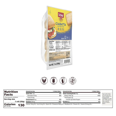 (7.0 oz) 6 Pack Schar - Ciabatta Rolls - Certified Gluten Free - No GMO's, or Wheat - Dairy Free