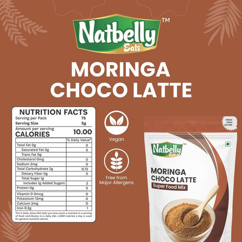 8 Oz Moringa Chocolate Latte Natural Energy Drink | Supports Blood Sugar & Weight Management | Vegan Superfood Mix