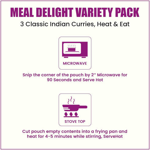 Pack 6, 1.5 6 Pack 10 oz Meal Delight Dal Makhani, Dal Tadka & Chana Masala, Ready to Eat Indian Meals, Variety of Heat
