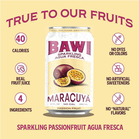 4 Pack (4 Count, Bawi Sparkling Agua Fresca, Sparkling Water, Plant-Based, Low Calorie, Less Sugar, Mexican Drink Made
