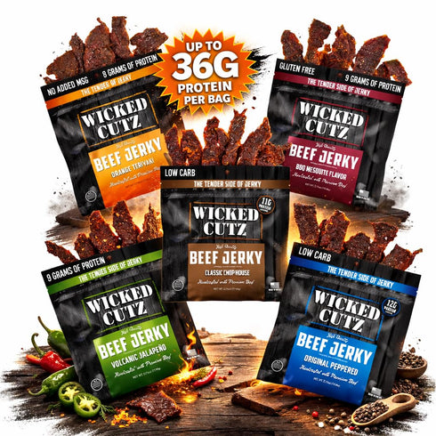 Pack 5 36g (5 Wicked Cutz Beef Jerky Variety | Flavors Up to Protein Per Bag | Tender, Easy to Chew, USA Made, High