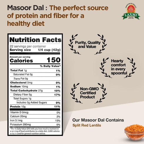 2lbs Laxmi Masoor Dal or Red Lentils, | Pure Masoor dal lentils | Premium split red lentils | A Natural source