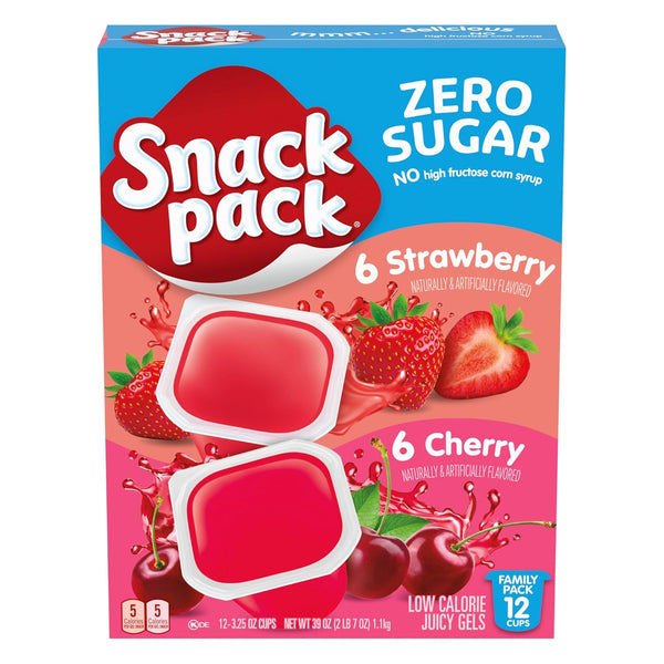 Snack Pack Zero Sugar Strawberry and Cherry Flavored Low Calorie Juicy Gels Cups, 3.25